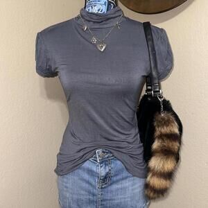 Y2K Grey top with ruffled short sleeves and high neck/ turtle neck blouse